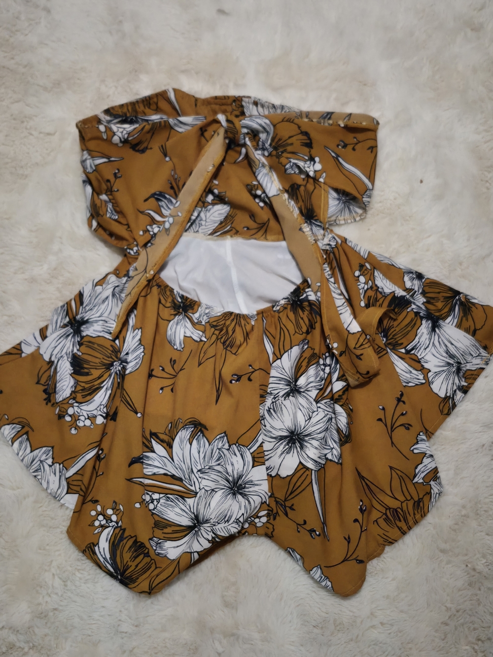 SHEIN Mustard Floral Off-Shoulder Tie-Front Top